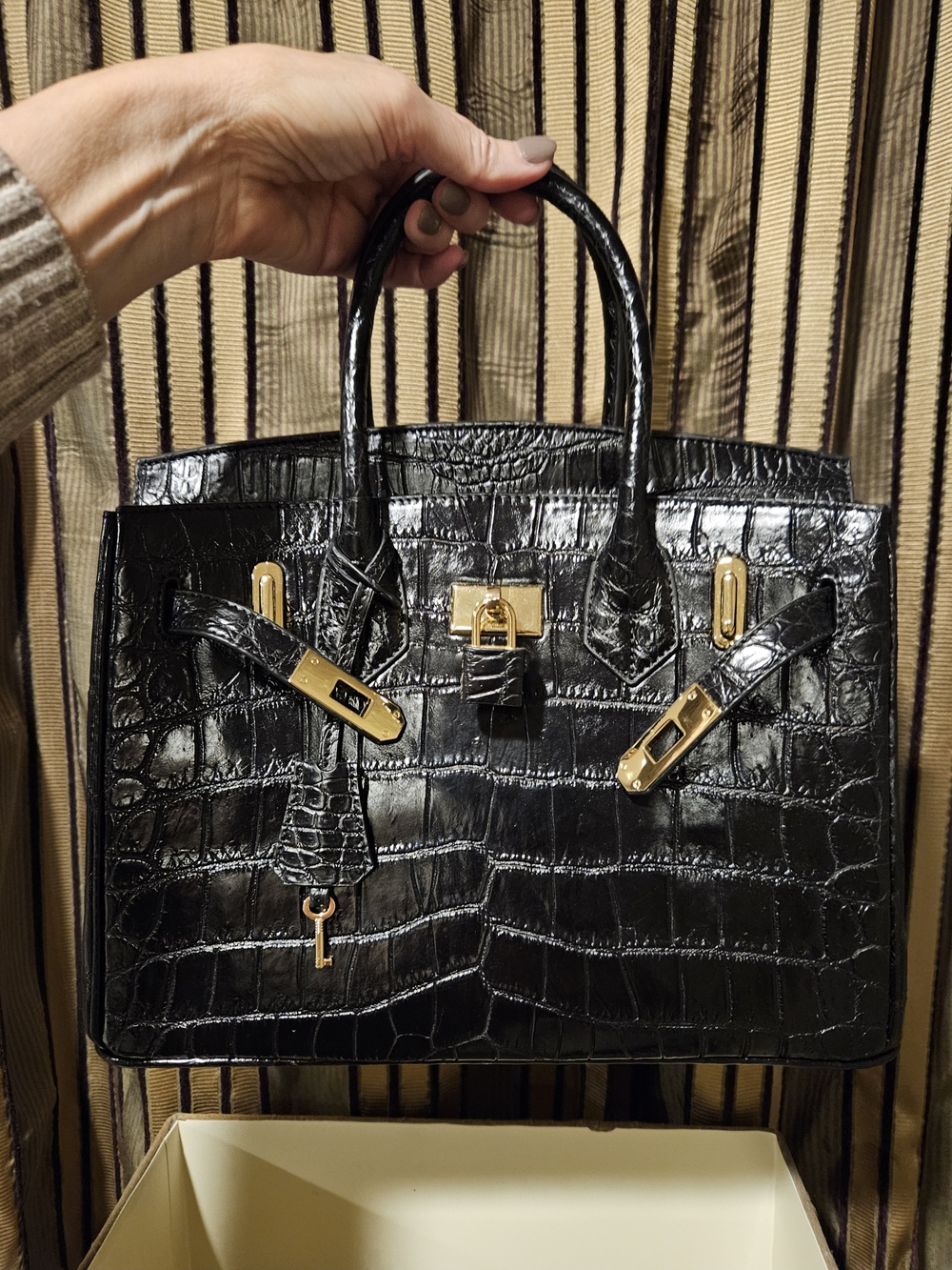 Black Crocodile Leather Tote Handbag with Gold Hardware